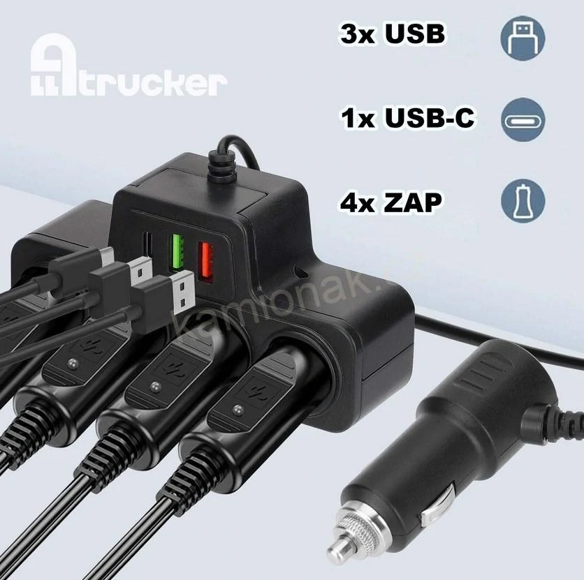 Rozčtyřka zapalovače + 2x USB + 1x USB C