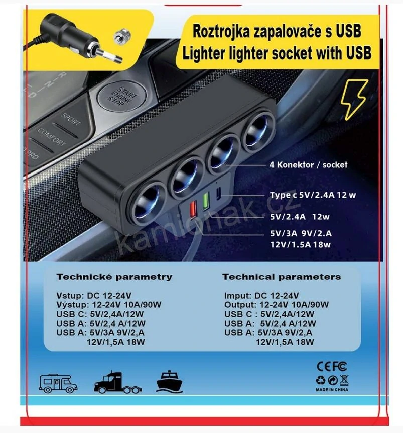 Rozčtyřka zapalovače + 2x USB + 1x USB C